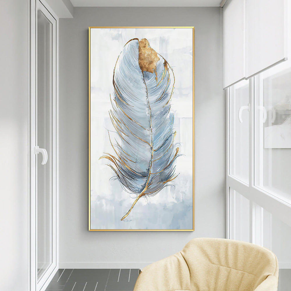 Abstract Grey Blue Feather With Gold Oil Painting  Hand Painted On Canvas Modern Nordic Wall Art,27inx54in,No Frame