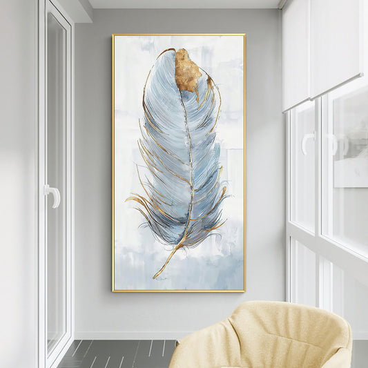 Abstract Grey Blue Feather With Gold Oil Painting  Hand Painted On Canvas Modern Nordic Wall Art,27inx54in,No Frame