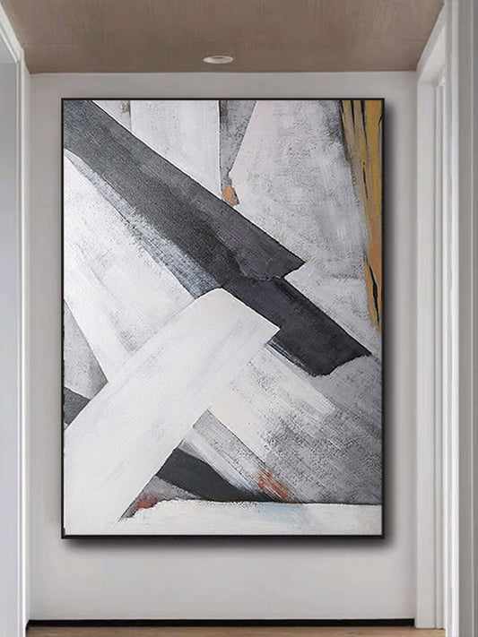Handmade Gray Abstract Oil Painting Geometry Wall Art On Canvas Hanging Mural Living Room Sofa Picture,31inx47in,No Frame