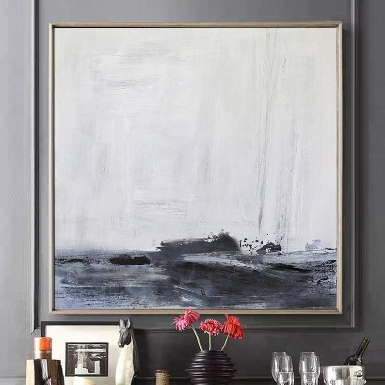 LargeSeaLandscapePaintingCoastalBeachPaintingAbstractWavesPaintingBlackWhiteAbstractPaintingSeaWall   31in,No Frame