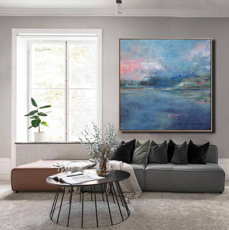 LargeAbstractPaintingNavyBlueWallArtOceanLandscapePaintingLargeSeaCanvasArtPaintingDining   31in,No Frame