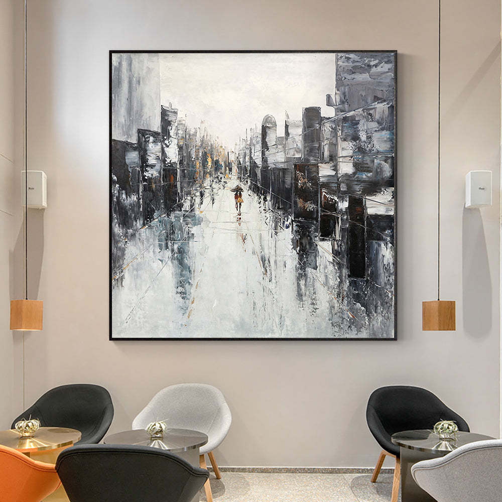 Modern Abstract Urban Architectural Landscape Oil Painting Handmade White Black Canvas Wall Art Painting For Living Room ,31inx31in,No Frame