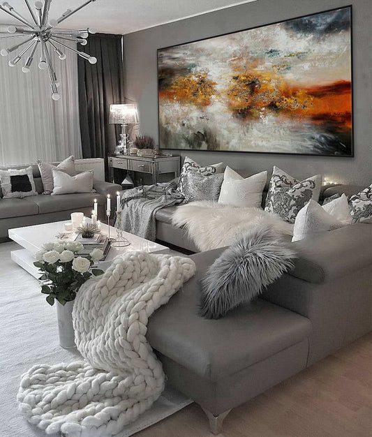 Contemporary Minimal Modern Neutral Large Wall Art Hand Painted Rustic Minimalist Simple Abstract Painting On Canvas Gray Gold27inx54in,No Frame