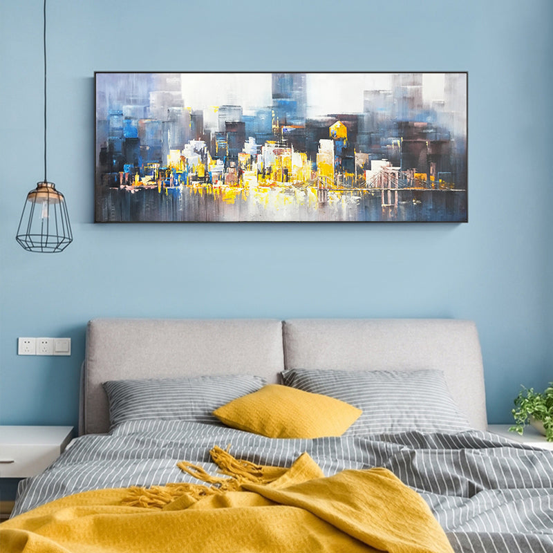 Hand painted Canvas Surface Modern Large Size Manhattan Abstract artist Residence Decoration Hanging Painting Urban Architecture,27inx54in,No Frame