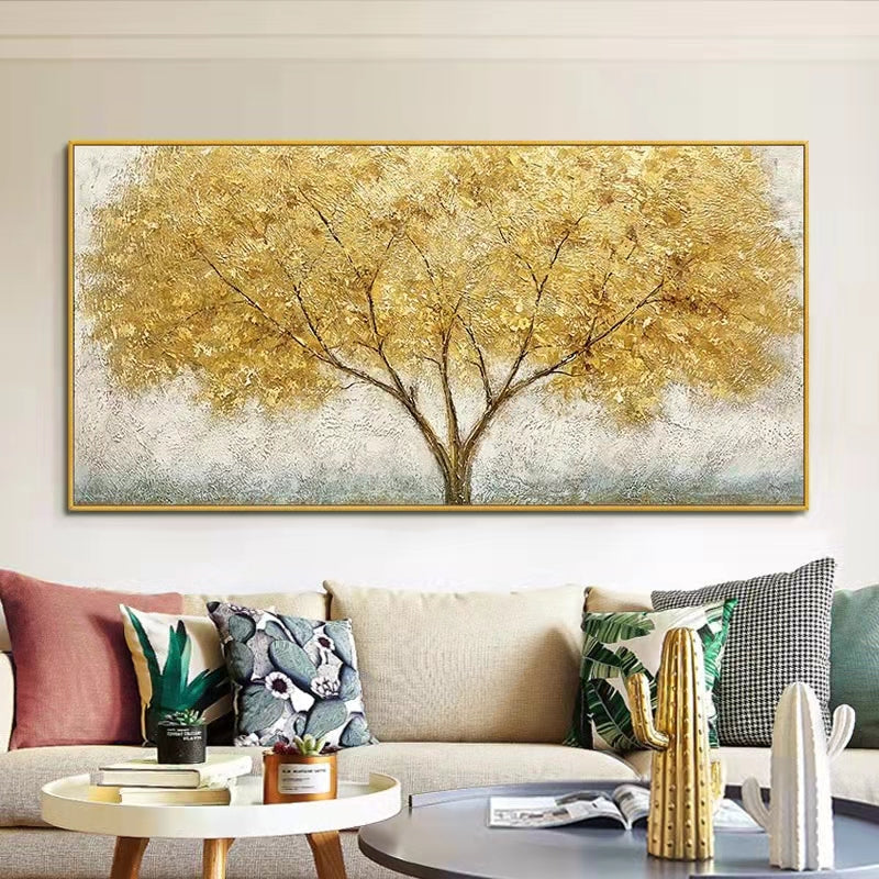 Hand Painted Large Palette 3D Knife Gold Tree Painting Modern Landscape Oil Painting On Canvas Wall,27inx54in,No Frame