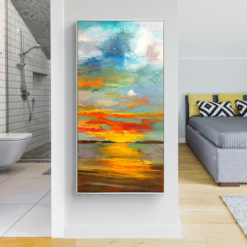 Modern Abstract Sunrise Landscape Plan Entrance Hallway Corridor Decorative Painting hand-painted Oil Paintings Minimalist Wall27inx54in,No Frame