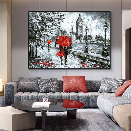 Hand Painted Oil Painting On Canvas Abstract People In the Rain With Red Umbrella Wedding  Living Room,31inx47in,No Frame
