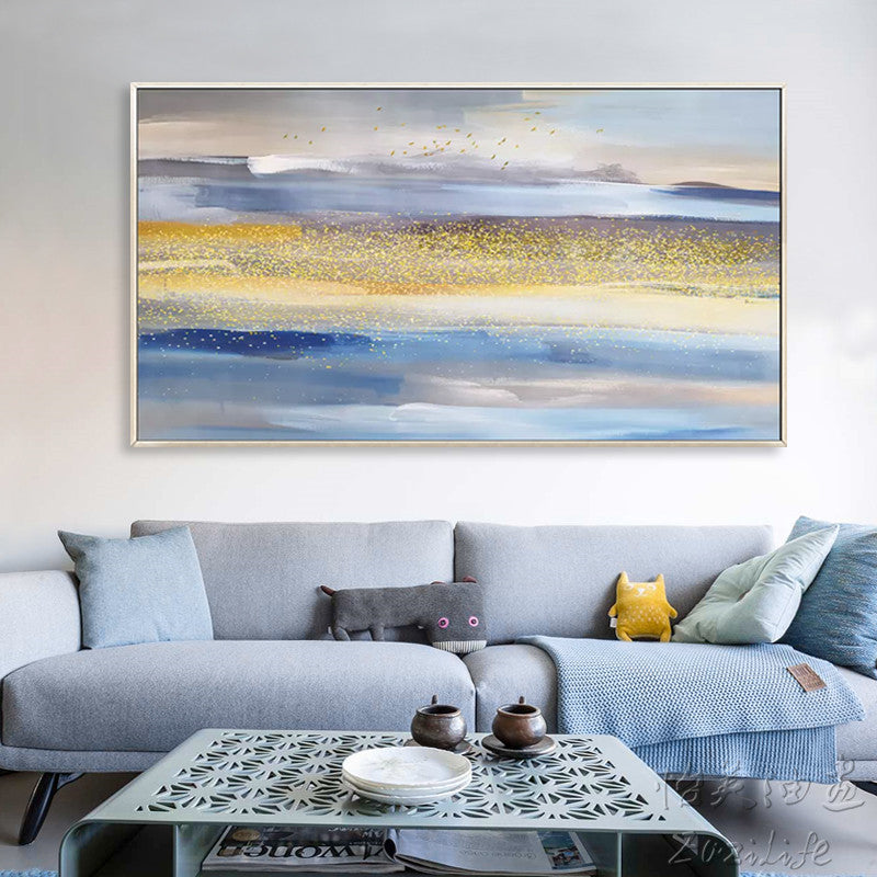 Sea Abstract Oil Painting Handmade Canvas Wall Art Minimalist Modern Living Room Decoration Northern European Style Gold Foil27inx54in,No Frame
