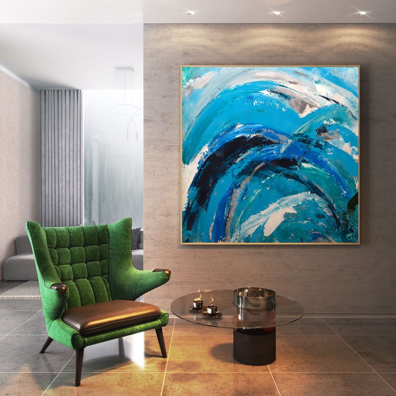 AbstractPaintingOnCanvasExtraLargeWallArtOriginalTexturedPaintingHousewarmingGiftTealBlueDecor 31in,No Frame