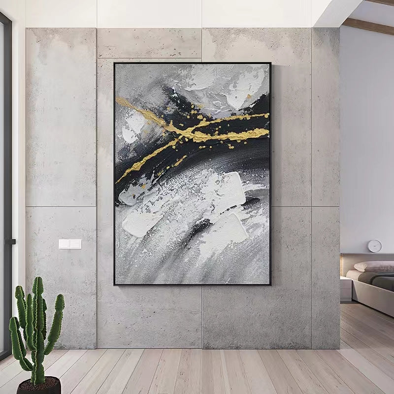 Handpainted Oil Painting Black and White Gray Abstract Gold Foil Living Room Sofa Background Wall Canvas,31inx47in,No Frame