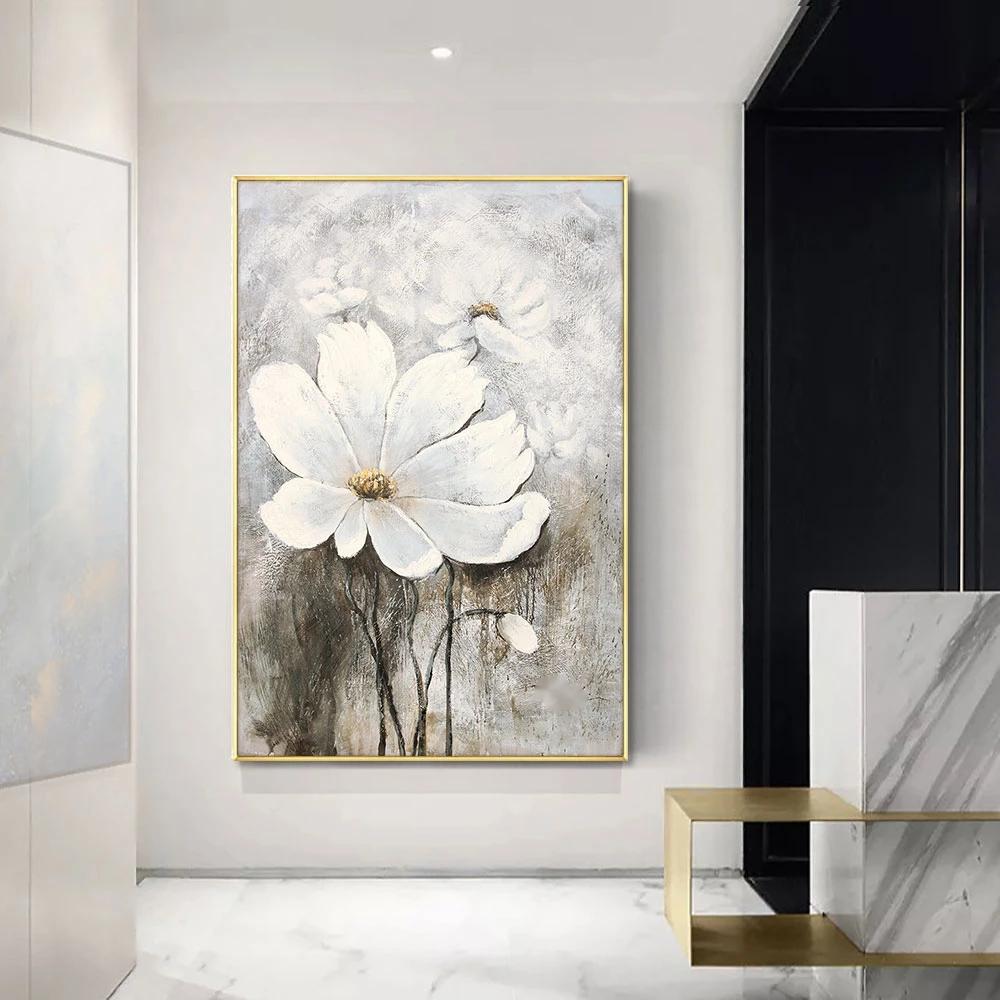 Handmade White Abstract Flower Oil Painting Texture On Canvas Living Room Restaurant Home Decor Wall Art,31inx47in,No Frame