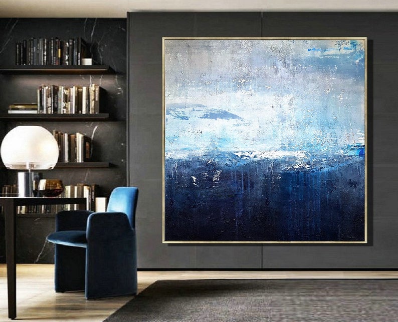 LargeAbstractPaintingWhiteBlueBlackArtworkContemporaryOilPaintingWallDecorAbstractHandPaintedDesign    31in,No Frame