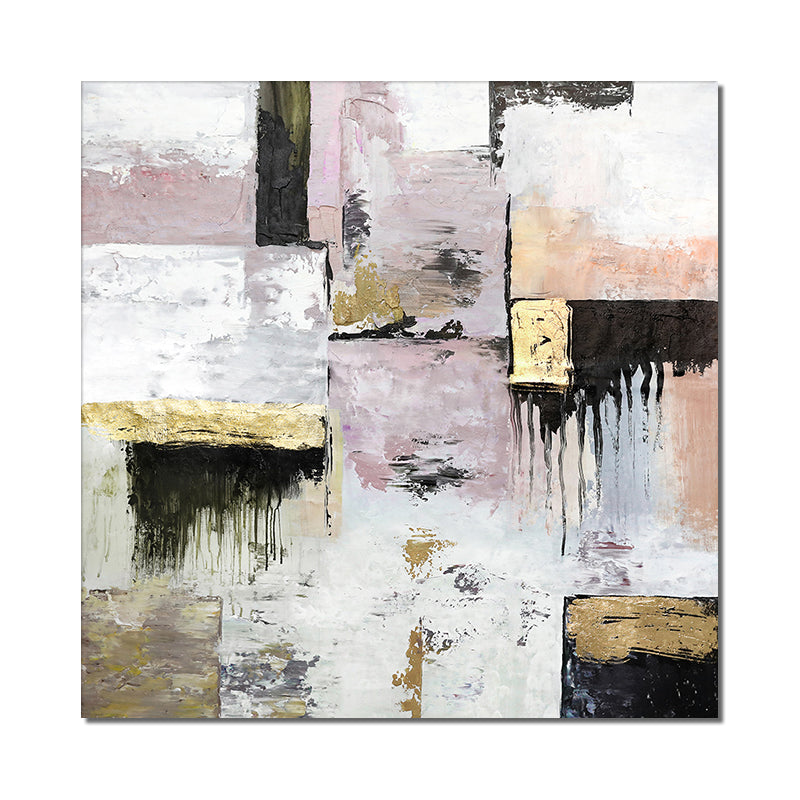 Abstract Textured White Pink Black Gold Foils Oil Painting  Handpainted On Canvas Modern Wall Art For Living Room E ,31inx31in,No Frame