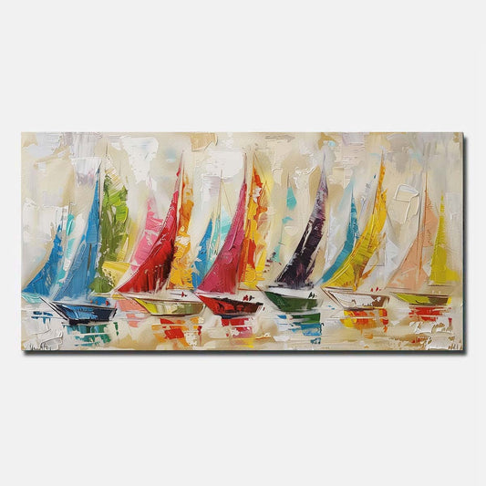 Blue Hand Painted Oil Painting On Canvas Sailing boat Abstract Wall Art Unframed/Rolled