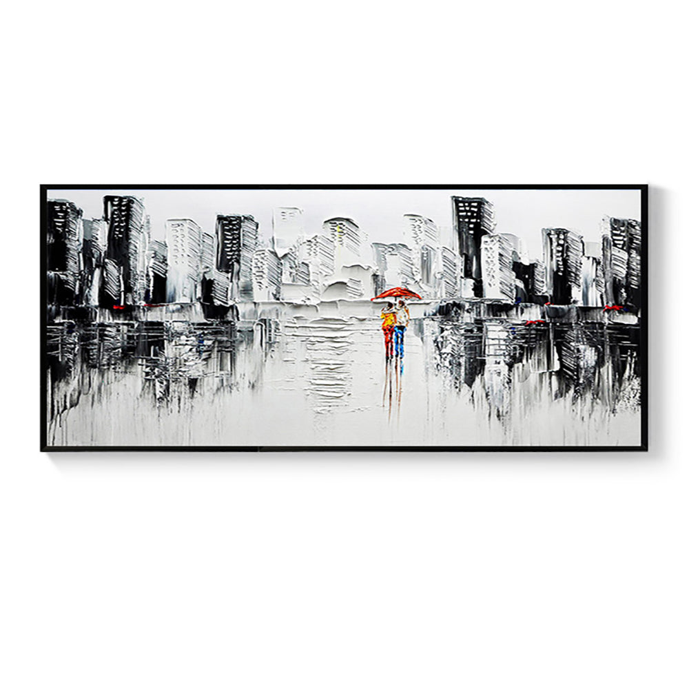 Hand painted Abstract City Building Oil Painting Wall Art Handmade Canvas Painting for Livingroom Home,27inx54in,No Frame