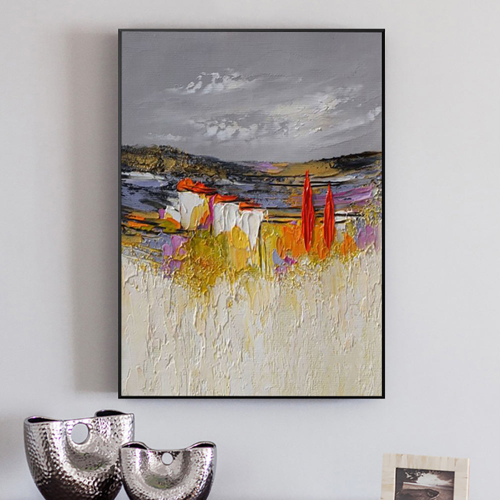 Gray yellow Oil Painting On Canvas Handmade Abstract Landscape Thick Oil Wall Art Hand Painted Large,31inx47in,No Frame
