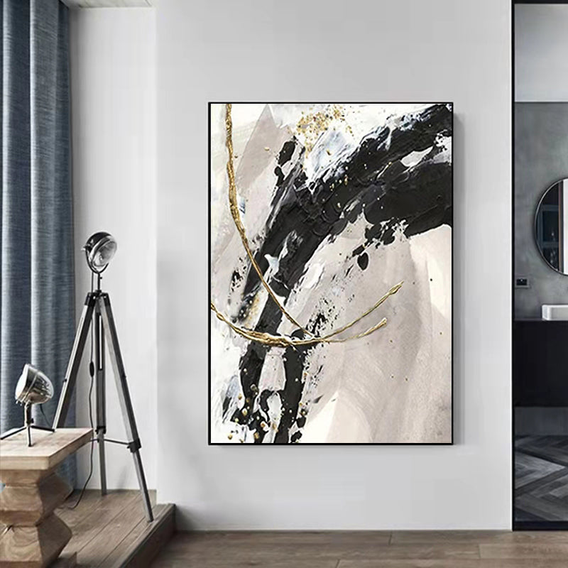 Hand painted Oil Painting Black and White Gray Abstract Gold Foil Large Living Room Sofa Background ,31inx47in,No Frame