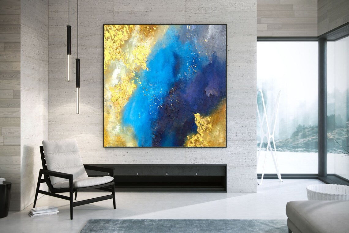 Contemporary Wall Art Abstract Painting on Canvas Original Oversize Painting Extra Large Wall Art Room Decor Blue Gold Painting31in,No Frame