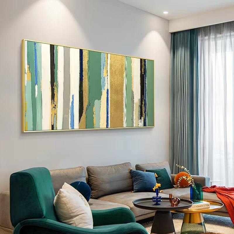 Hand painted Oil Painting Living Room Hanging Painting Sofa Background Wall Decoration Painting Green Gold Foil,27inx54in,No Frame