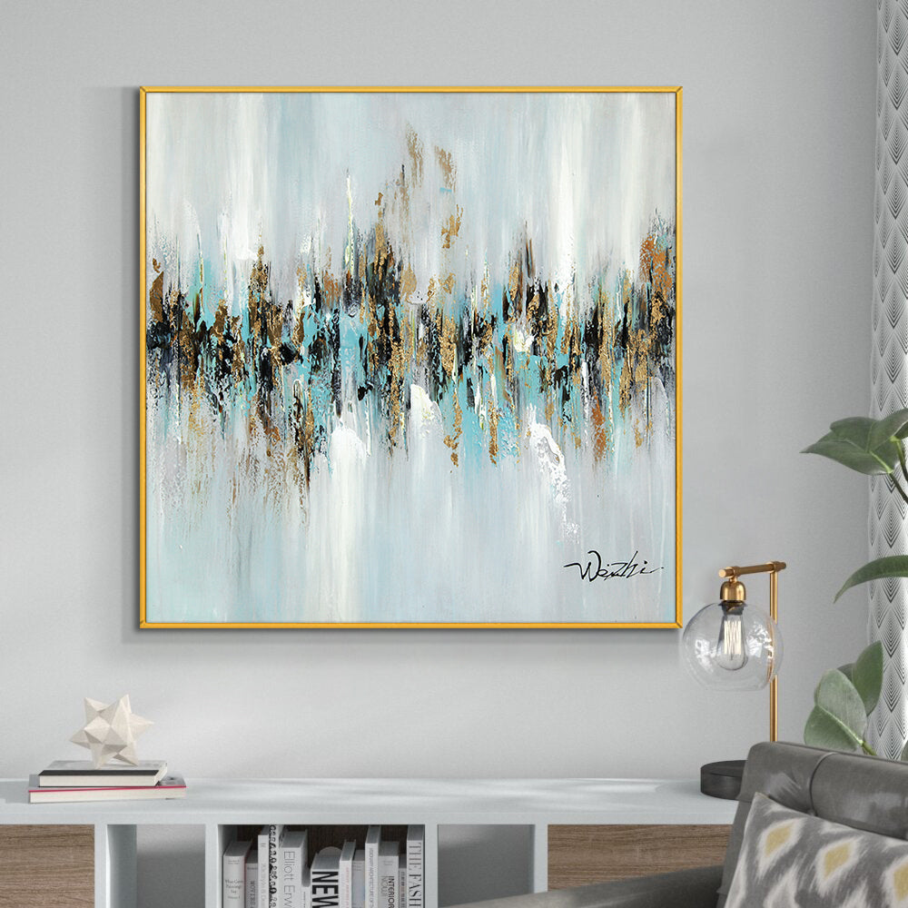 Abstract Blue With Gold Foil Painting Handmade Oil Painting On Canvas Modern Knife Landscape Paintings Wall,31inx31in,No Frame