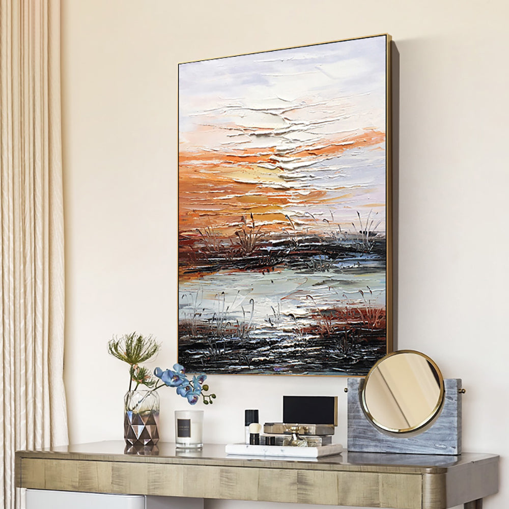 Modern Abstract Painting Hand Painted Landscape Lake Oil Painting Wall Art Abstract Textured Art On Canvas,31inx47in,No Frame