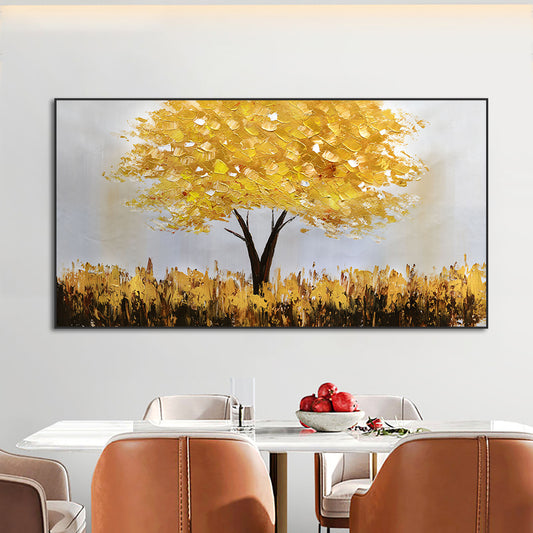 Abstract Thick Textured Golden Tree Oil Painting  Handmade On Canvas Modern Wall Art Pictures,27inx54in,No Frame