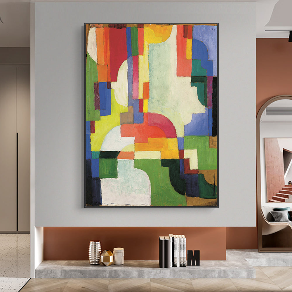 Abstract Colorful Geometric Oil Painting  Handmade On Canvas Beautiful Landscape Wall Art Picture For Living Room,31inx47in,No Frame