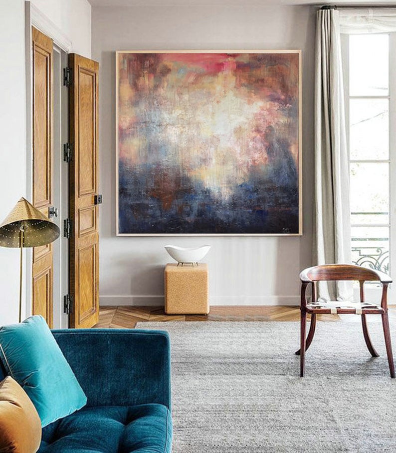 LargeWallArtColorfulAbstractPaintingNavyBluePaintingBeigePaintingWhiteWallArtArtworkPainting  31in,No Frame