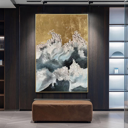 Pure Hand painted Oil Painting Living Room Decorative Painting Gold Foil American Light Luxury Thick Texture,31inx47in,No Frame