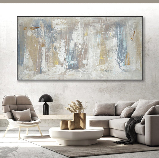 Minimalist Abstract Painting Canvas Art Oversize Wall Art Long Slim Panoramic Neutral Color Textured Simple Easy Painting Beige27inx54in,No Frame