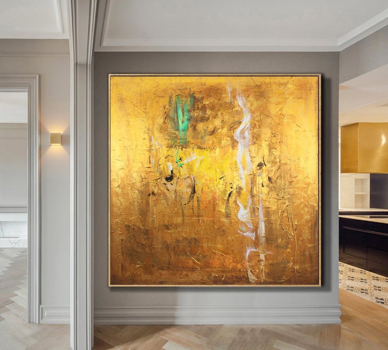 LargeAbstractPaintingOversizePaintingYellowPaintingGoldPaintingLivingRoomWallArtAbstractCanvasPainting   31in,No Frame