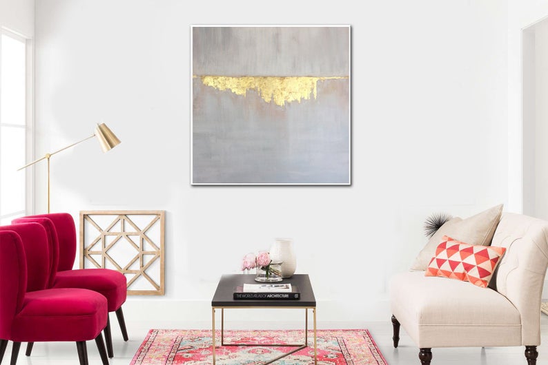 LargeAcrylicPaintingGrayAbstractPaintingGoldenLeafTextureArtAbstractCanvasPaintingWallPaintingFor  31in,No Frame