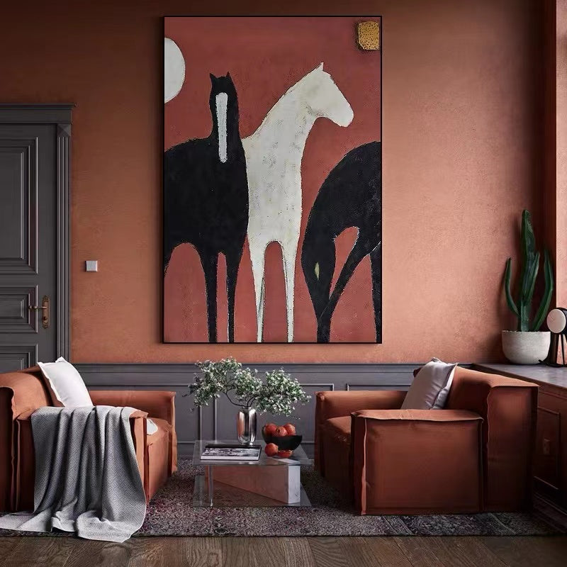 Handmade Animal Horse Oil Painting Modern Wall Art On Canvas Hanging Mural Living Room Picture Artwork,31inx47in,No Frame