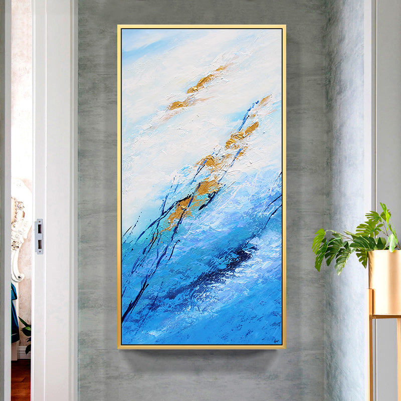 Modern Minimalist Hand-Painted Abstract Oil Painting of Blue Sea Entrance Living Room Dining Room Vertical Version of the Murals27inx54in,No Frame