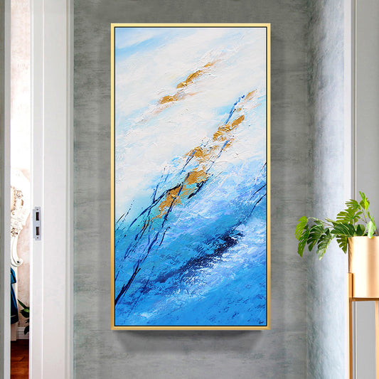 Modern Minimalist Hand-Painted Abstract Oil Painting of Blue Sea Entrance Living Room Dining Room Vertical Version of the Murals27inx54in,No Frame