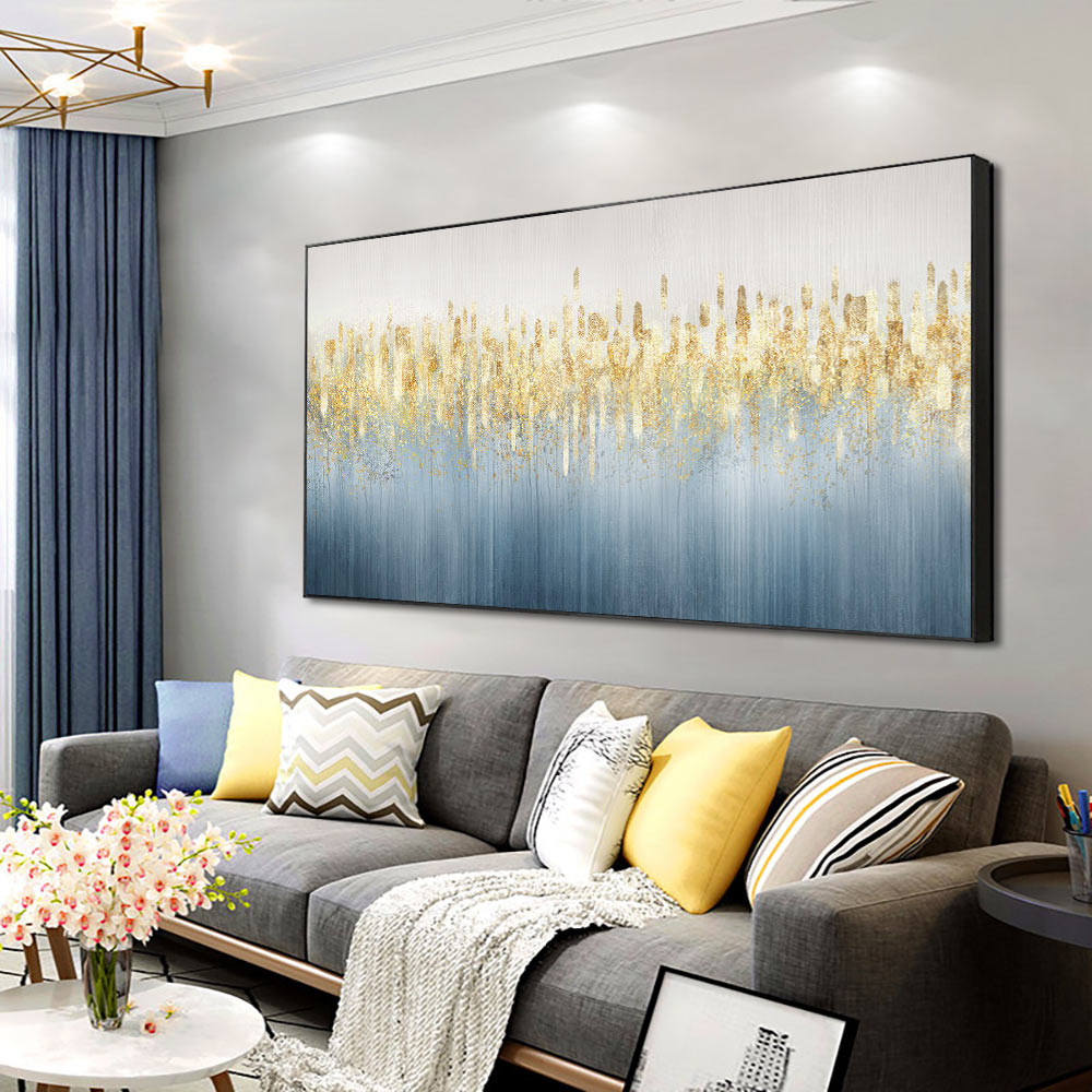 #470Abstract Blue Grey Oil Painting With Gold Foils  Hand Painted On Canvas Modern Handmade Wall,27inx54in,No Frame