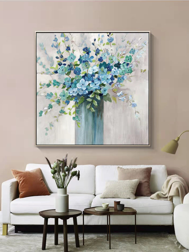 Blue Flowers Vase Artwork Oil Painting Abstract Bouquet Canvas Painting Wall Art Living Room Kitchen Bedroom,31inx31in,No Frame