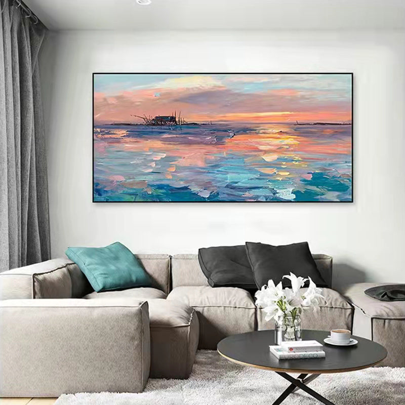 Handpainted Oil Painting Monet Sunrise Living Room Decorative Painting Modern Sofa Background Wall Abstract Art Hanging,27inx54in,No Frame