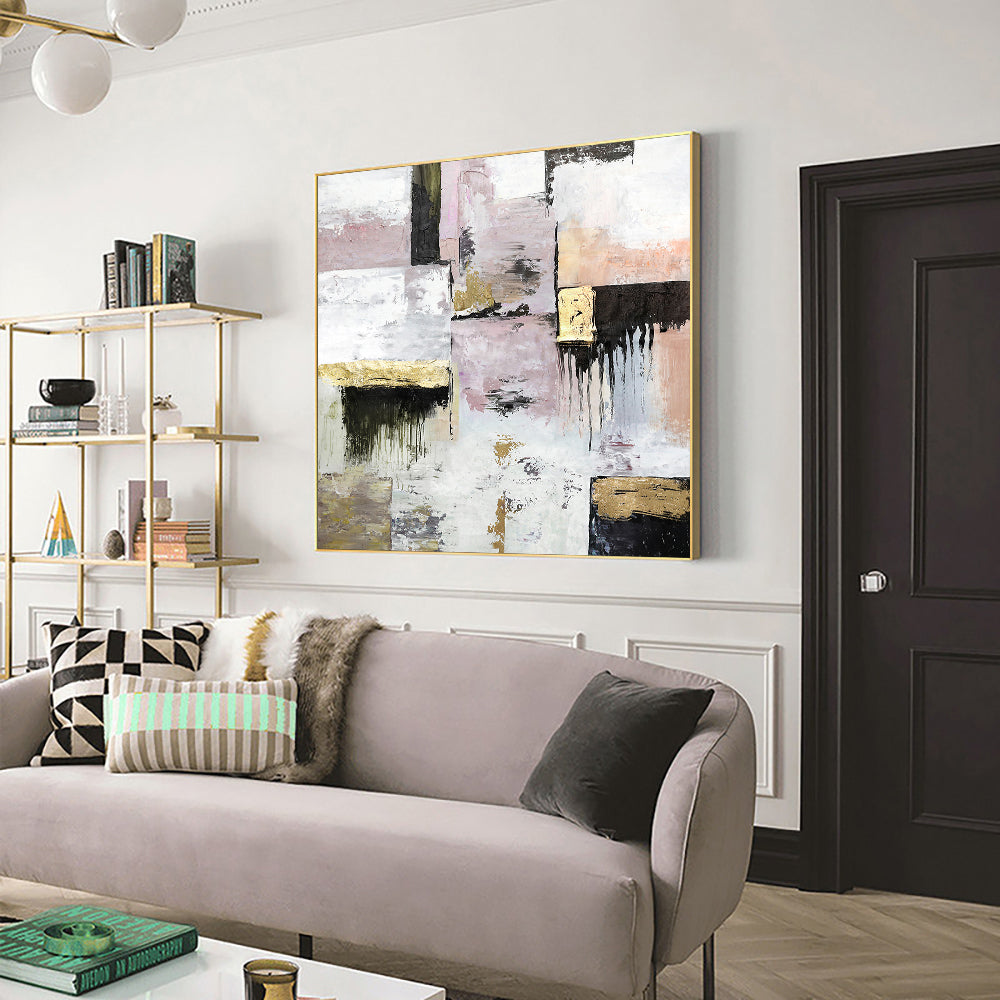 Abstract Textured White Pink Black Gold Foils Oil Painting  Handpainted On Canvas Modern Wall Art For Living Room C,31inx31in,No Frame