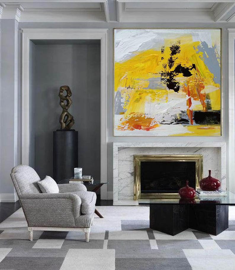 LargeAcrylicPaintingYellowAbstractPaintingExtraLargeCanvasArtModernWallArtCanvasTexturedWall 31in,No Frame