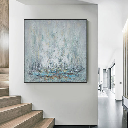 Hand Painted Abstract Oil Painting Modern Minimalism Green Wall Art Gold Powder Handmade Oil Painting,31inx31in,No Frame