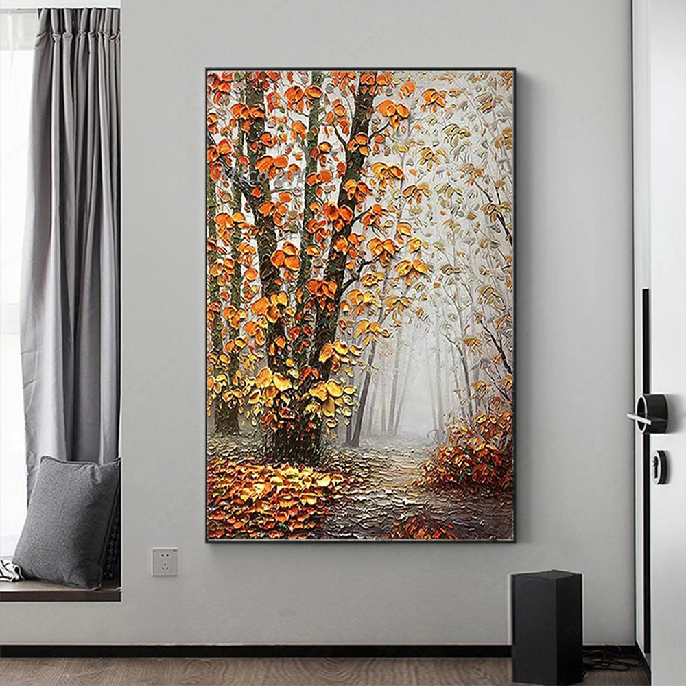 Handpainted Thick Oil Painting Birch Tree Forest On Canvas Modern Home Decoration Canvas Oil Painting Handmade,31inx47in,No Frame
