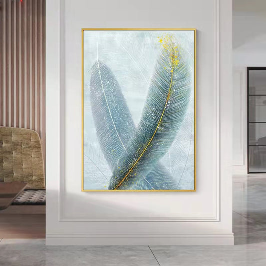 Hand Painted Modern Large Abstract Home Decor Wall Art Hanging Painting Handmade Gold Blue Vintage Feather,31inx47in,No Frame