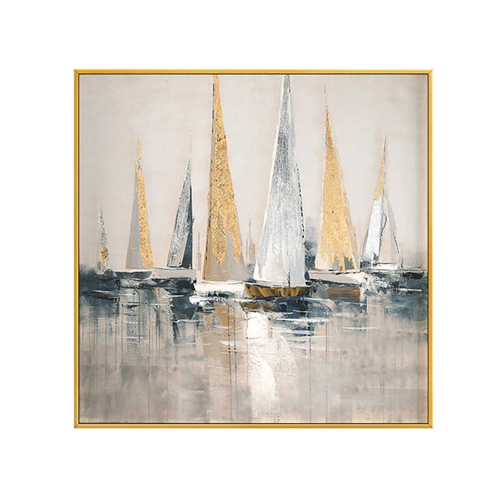 Oil Painting Hand Painted Gold Foil Sailboat On Canvas Painting Modern Decorative Paintings For Living Room,31inx31in,No Frame