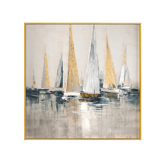 Oil Painting Hand Painted Gold Foil Sailboat On Canvas Painting Modern Decorative Paintings For Living Room,31inx31in,No Frame