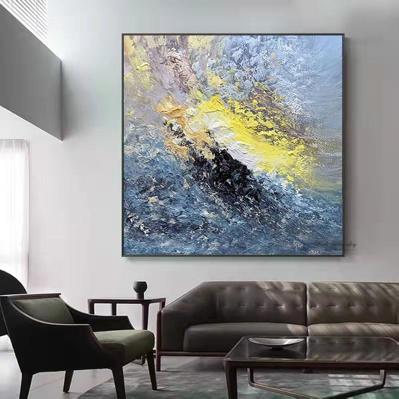 Large Handmade Art Knife Drawing Abstract Oil Painting Gold Blue Thick Oil Texture Canvas Art Mural,31inx31in,No Frame