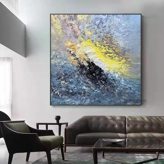 Large Handmade Art Knife Drawing Abstract Oil Painting Gold Blue Thick Oil Texture Canvas Art Mural,31inx31in,No Frame