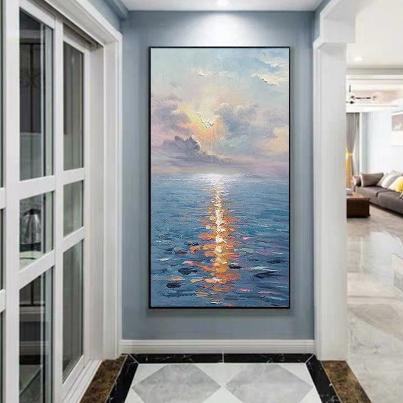 Hand painted Oil Painting Rising Sun Simple Living Room Floor to ceiling Decorative Painting Aisle Vertical,27inx54in,No Frame