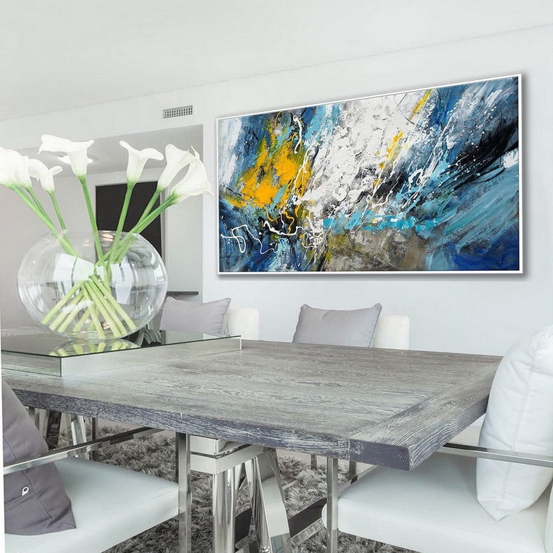 Oversize Panoramic Textured Abstract Acrylic Painting Contemporary Modern Artwork Extra Large Horizontal Texture Wall Art Canvas27inx54in,No Frame