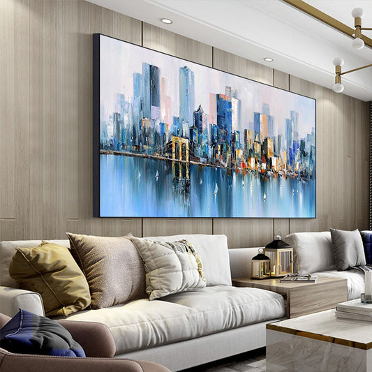 Wall Art Cityscape Oil Painting Hand Painted Decorative Modern Abstract Urban Colorful Handmade Painting,27inx54in,No Frame